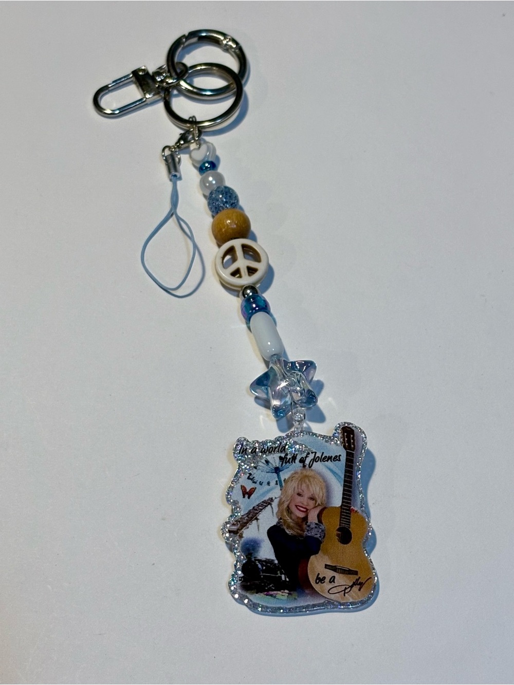 Handmade Dolly Parton-Inspired Blue Beaded Phone Charm and Keychain